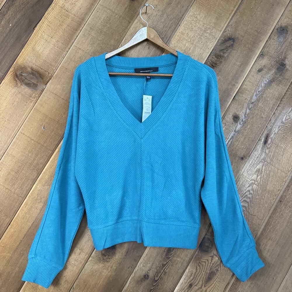 WHBM Green V Neck Long Sleeve Sweater Banded Bottom XXS